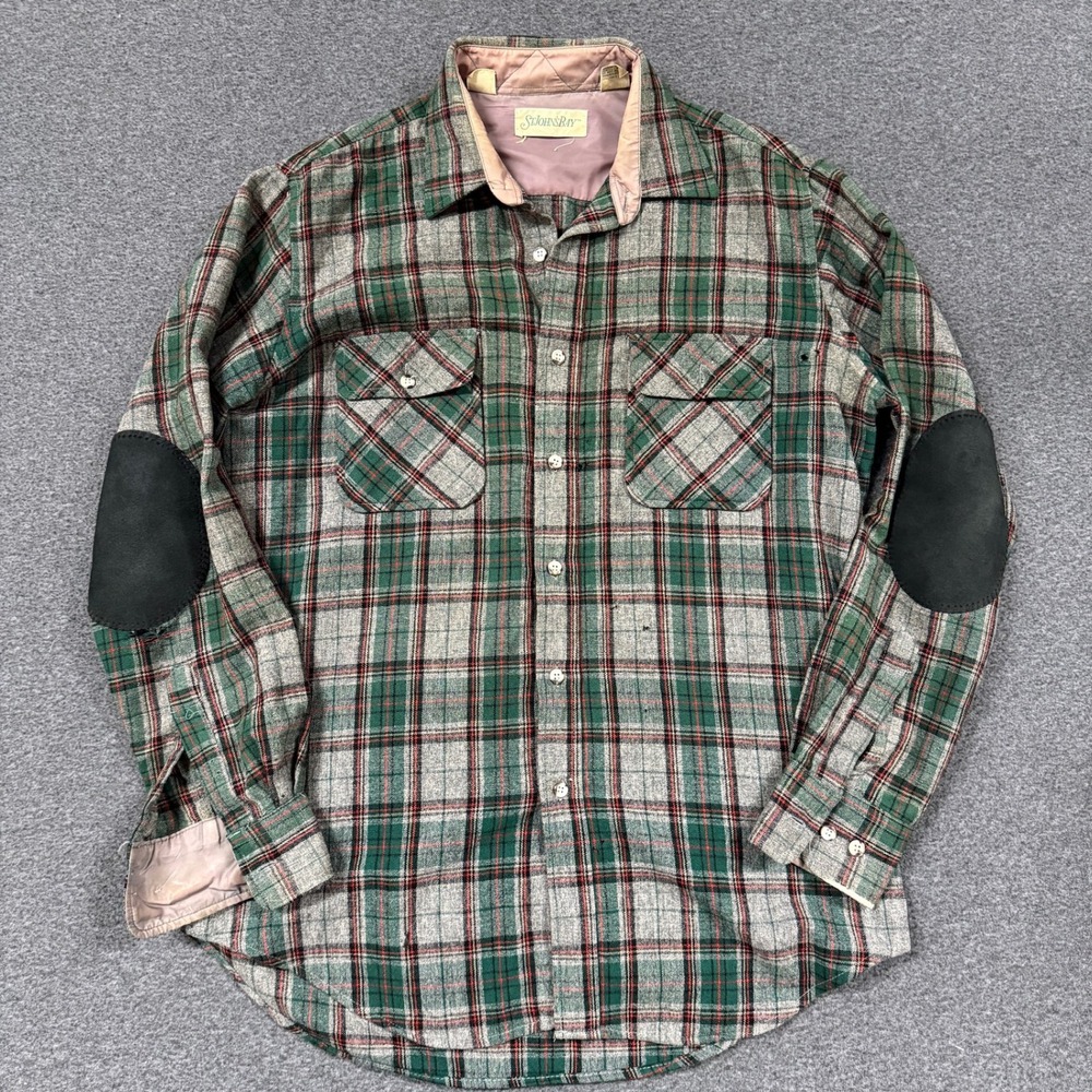 Vintage St. Johns Bay Wool Plaid Shirt Mens Large Tall Green Good Elbow Patches